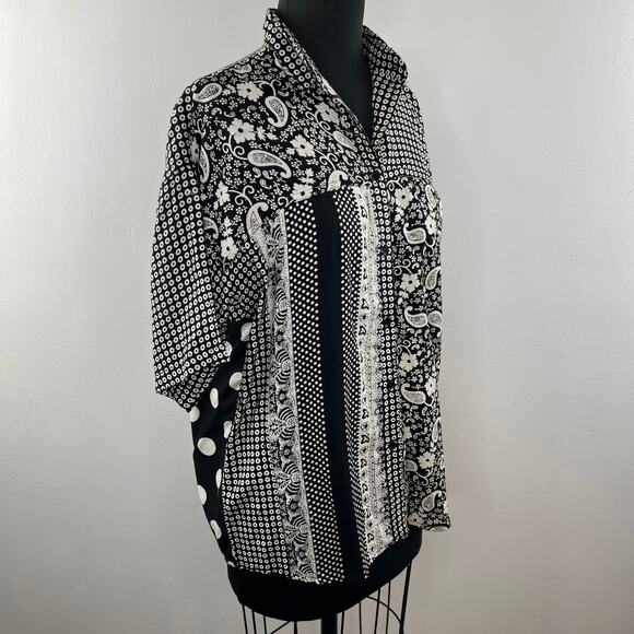 VTG SPORTIQUE Black White Mixed Print Short Sleeve Button Down Shirt Size S NEW - Picture 3 of 6